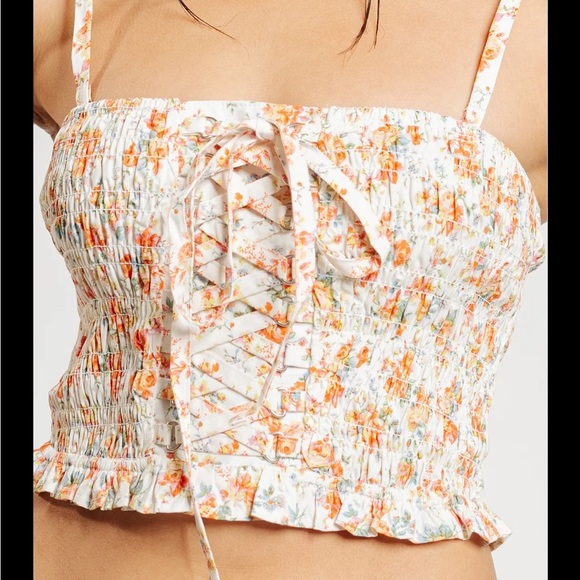 American Eagle Large Lace Up Smocked Floral Crop Top - Picture 7 of 8